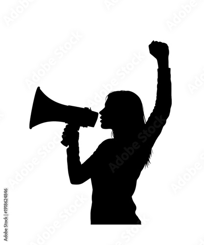 Woman shouting with megaphone isolated black silhouette vector protest speech activism