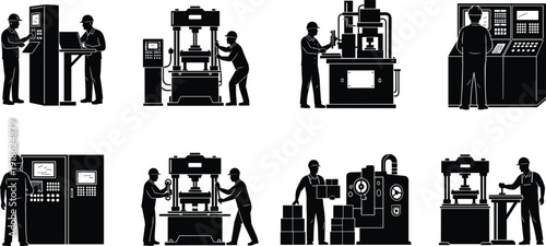 Industrial Factory Workers Operating Heavy Machinery Silhouette Set with Manufacturing Equipment and Control Panels Vector Illustration Isolated on White Background Design