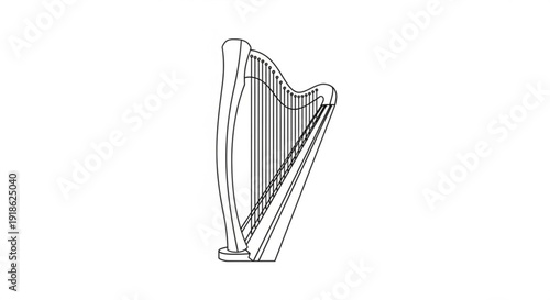 Harp musical instrument with strings and elegant curved frame standing alone