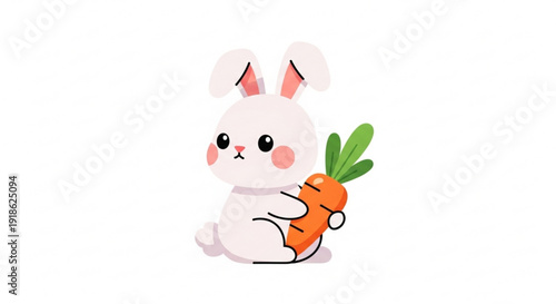 Cute white bunny holding orange carrot with green leaves on white background