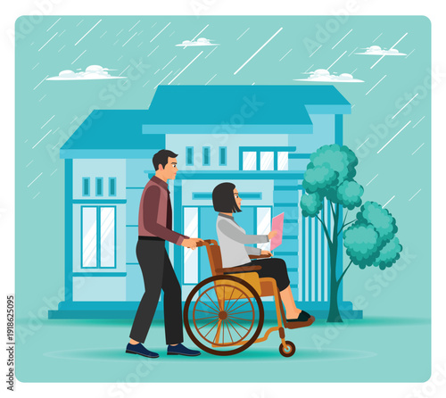 A disabled woman asks a male nurse for help getting around in a wheelchair.