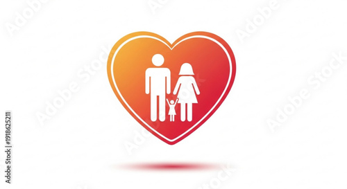 Family love symbol heart with parents and child inside white icons on orange red gradient background