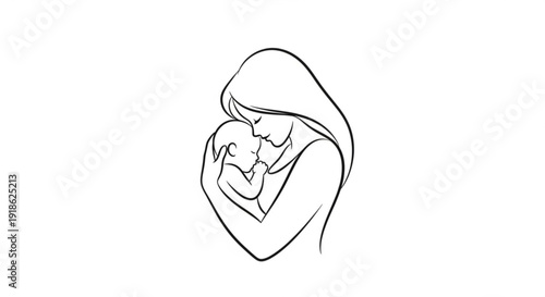 Mother hugging newborn baby in heart shape line art illustration