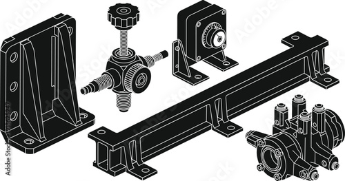 Industrial Mechanical Components Set Featuring Steel Beam Bracket Valve and Adjustment Mechanism Black Isometric Vector Illustration Isolated on White Background