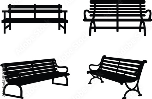 Four different styles of park benches in silhouette outdoor furniture
