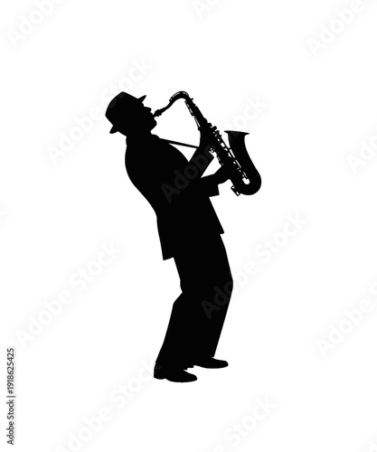 Jazz saxophonist silhouette playing music in black and white dramatic lighting
