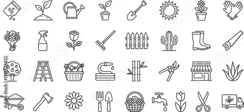 Gardening Tools Plants and Supplies Line Icons on White Background Keywords: gardening, plants, tools, supplies, icon, symbol