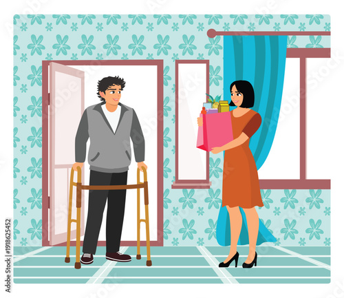 Social workers provide assistance to people with disabilities in the form of food supplies.