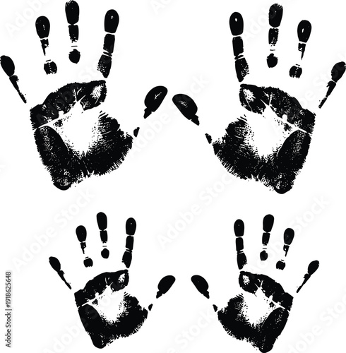 Black handprints symmetrical pattern, ink palm impression, human identity symbol, forensic detail, abstract artistic design, textured vector illustration