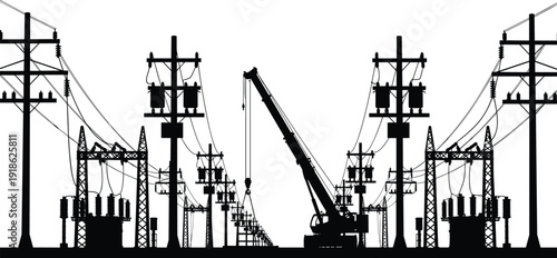 Electrical substation with power lines and utility poles, electricity distribution infrastructure, high voltage engineering industry, energy grid maintenance, industrial technology 