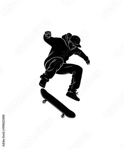 Skateboarder mid-air trick neon silhouette extreme sports action black and blue night