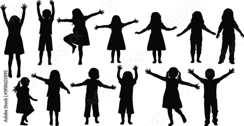 Black silhouettes of children jumping, dancing, raising arms, playful poses, joyful energy, boys and girls in active movement design