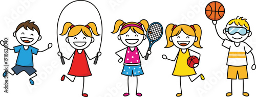 Cartoon children playing sports including basketball, tennis, skipping rope, ball games, jumping, active lifestyle, fitness, recreation, physical activity concept