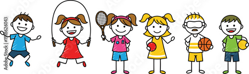 Cartoon children playing sports including basketball, tennis, skipping rope, ball games, jumping, active lifestyle, fitness, recreation, physical activity concept