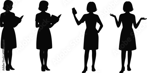 Silhouette of four women in different poses on a white background woman female