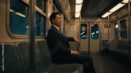 A man in a business suit sits alone on a subway train, lost in thought during his evening commute