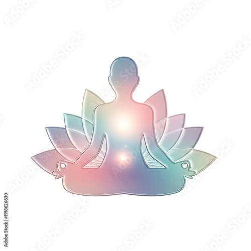 A serene human figure in a meditative yoga pose with glowing aura on a lotus flower background