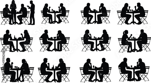 People Sitting at Cafe Tables Silhouettes, Couples Dining and Talking at Outdoor Restaurant, Flat Vector Illustration for Architecture CAD Drawing