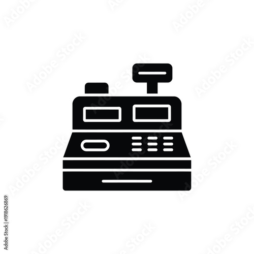 A black and white illustration of a cash register with a drawer and screen