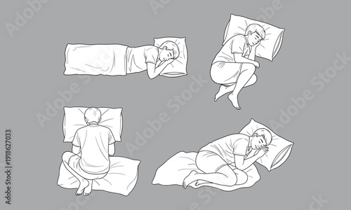 Sleeping positions set illustration isolated on background, person resting in different poses with pillow and blanket, healthy sleep posture guide for comfort, wellness education and bedtime routine