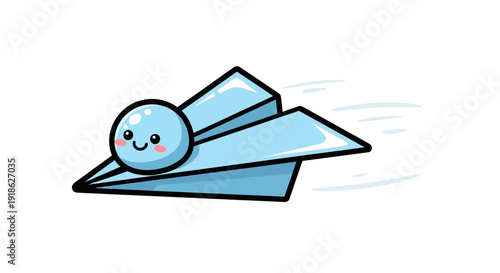 Cute cartoon paper airplane with a happy face flying fast through the air
