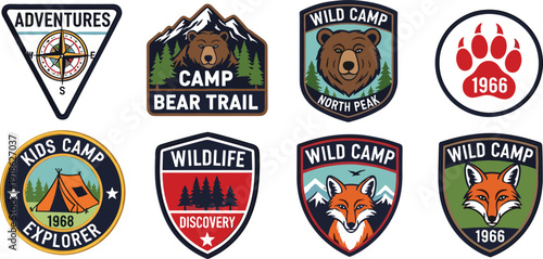 Collection of camp-themed badges with animals, tents, mountains, paw prints, fox designs, outdoor adventure patches, scouting nature vector illustration