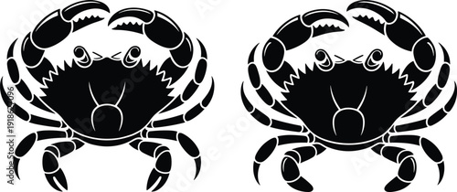 Symmetrical crab silhouettes in bold black vector style, marine crustacean emblem design for seafood branding, coastal wildlife symbol, nautical logo illustration isolated on white background