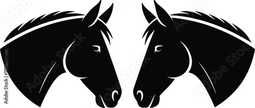 Symmetrical horse head silhouettes facing each other, elegant equine emblem design, minimalist black vector illustration for ranch logo, equestrian branding, tattoo art isolated on white