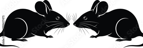 Symmetrical mouse silhouettes facing each other, cute rodent animal vector illustration symbolizing partnership and curiosity, minimalist wildlife design isolated on white background