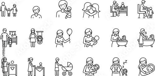 Collection of parenting and childcare icons showing mother and child activities, baby care, family interaction, nurturing, guidance, everyday parenting concepts