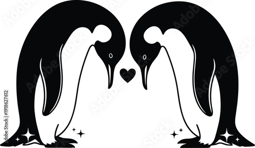 Symmetrical penguin silhouettes forming heart shape, cute romantic wildlife vector illustration symbolizing love, partnership and devotion, minimalist animal design isolated on white
