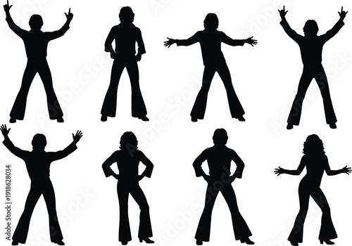 Disco dance silhouettes in dynamic poses, retro fashion flared pants, expressive movement, energetic choreography, vintage party celebration illustration