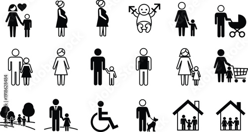 Family and social icons, parenthood, pregnancy, childcare, disability, pets, inclusive silhouettes illustration, lifestyle figures design concept art