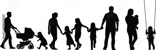 Family life silhouettes illustration, parenting caregiving vector artwork, childhood development design graphics, generational relationship icons, social unity symbol set