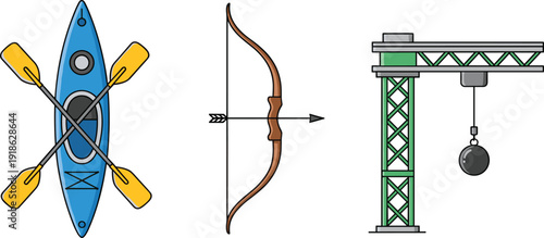 Outdoor Adventure and Construction Icons Set Featuring Kayak with Paddles Archery Bow and Arrow and Tower Crane with Wrecking Ball Vector Illustration