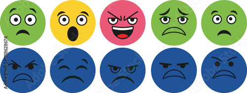 Bottom Row of Angry and Sad Emoji Faces on White Background Keywords: emoji, faces, emotions, expressions, angry, sad, mad