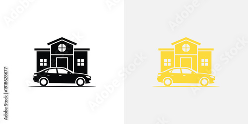 A black and yellow illustration of a car and house in two colors side by side