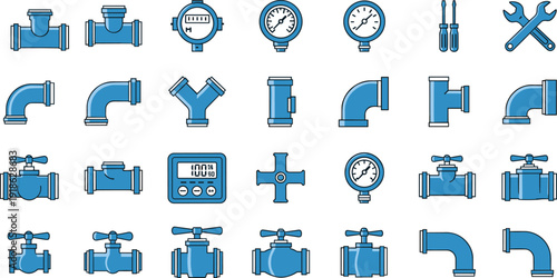 Plumbing Pipe Fittings and Valve Icons Set with Pressure Gauges and Tools Vector Illustration Isolated on White Background for Water System Design