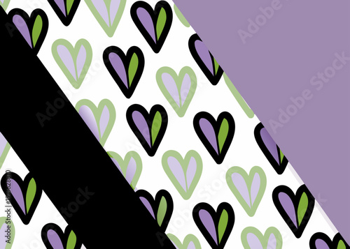 Abstract diagonal pattern featuring purple and green split hearts with black and lavender bands