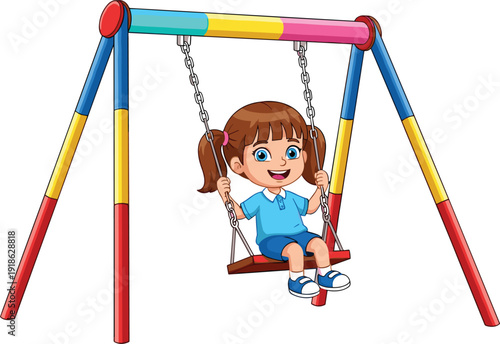 Cartoon Girl Swinging on a Colorful Playground Swing Set Keywords: girl, child, kid, swinging, swing set, playground, playing