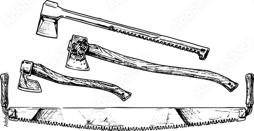 Woodland worker silhouette bundle, chopping wood with axe, operating saw bench, climbing tall tree, monochrome vector