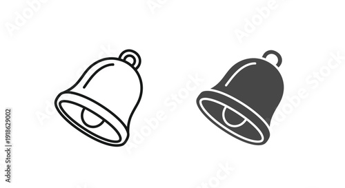 Collection of two distinct notification bell icons presented side by side featuring one outline style and one solid filled glyph design element for alerts