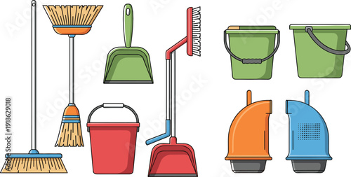 Collection of Cleaning Tools Including Brooms Dustpans and Buckets Keywords: cleaning, tools, broom, dustpan, bucket, brush
