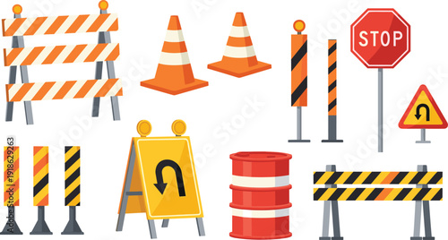 Road Construction Safety Barriers and Traffic Warning Signs Collection Including Cones Stop Sign and Detour Symbols Vector Illustration Isolated on White Background
