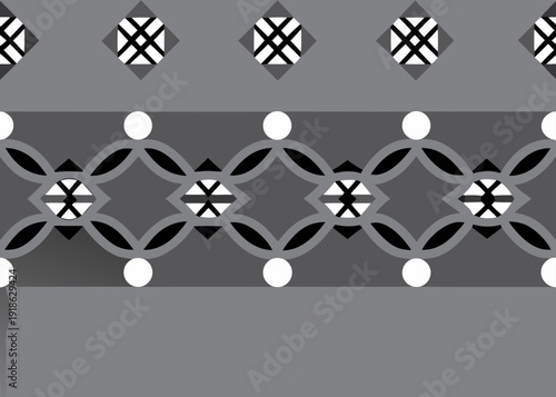 Grayscale geometric pattern with repeating horizontal bands of diamond and circular motifs.