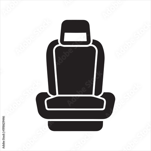 A black and white illustration of a car seat with a simple design silhouette