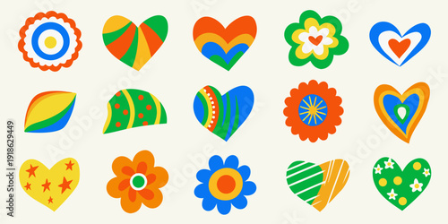 Colorful collection of stylized heart and floral shaped icons arranged in rows