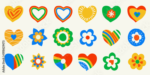Colorful heart and floral shaped stickers arranged in rows