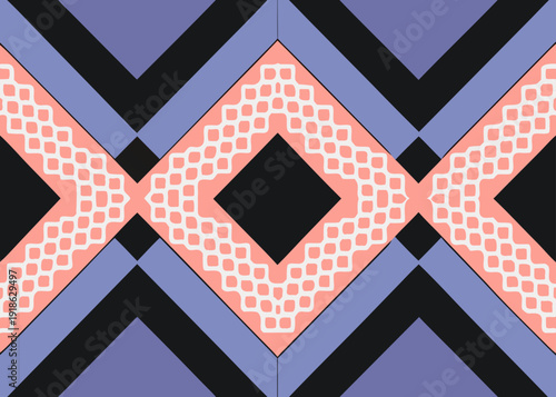 Seamless geometric pattern with purple triangles and pink diamond shapes on a black background