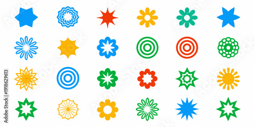 Colorful collection of diverse starburst and floral shaped icons